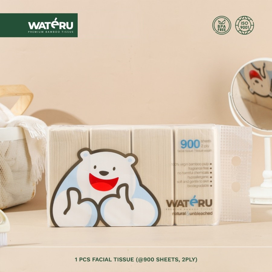 Tisu Wajah Bambu Wateru / Premium Bamboo Facial Tissue 900 Sheets 2 Ply 900s