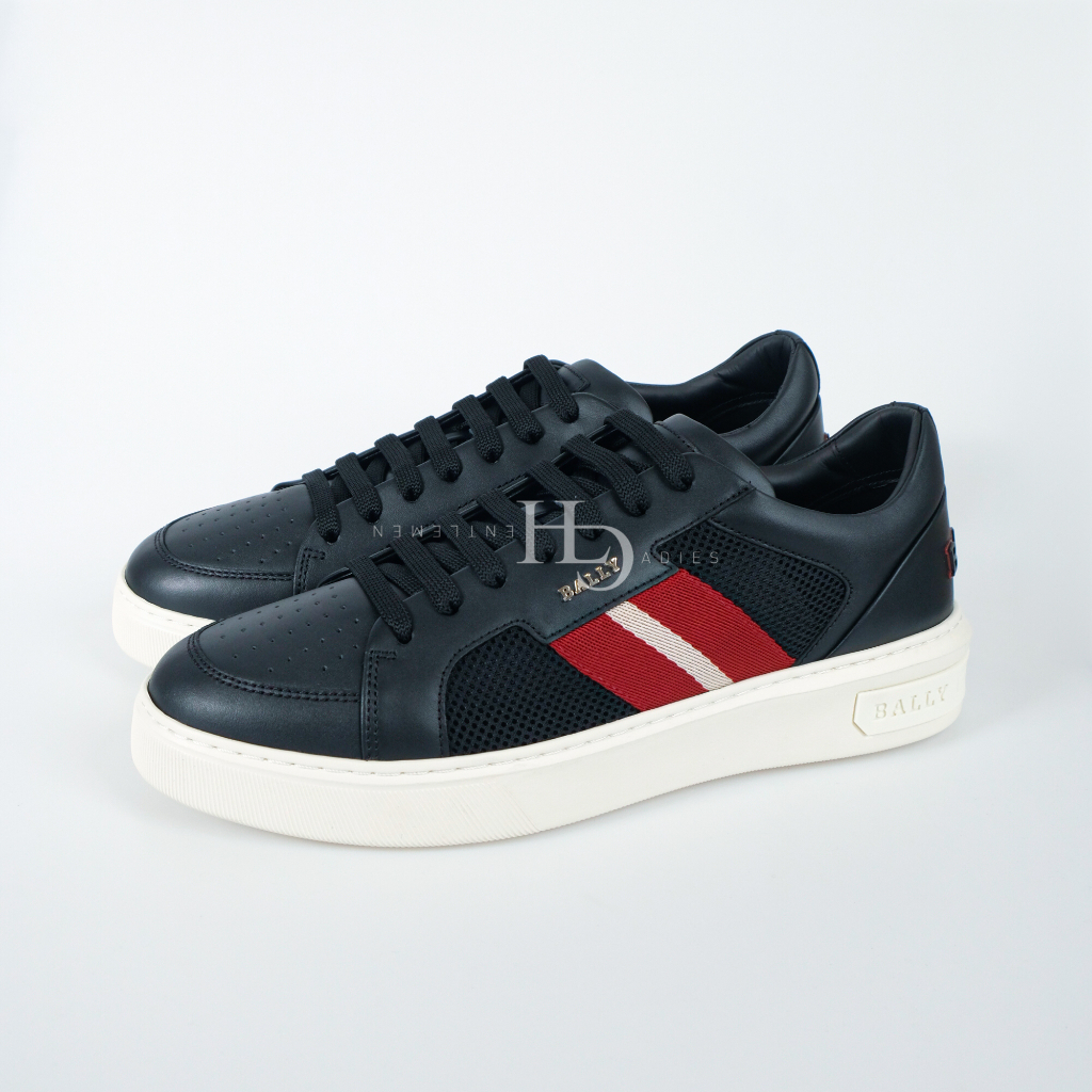 Bally SS23 Melys Mesh Leather Sneakers Black with Red/White Stripe