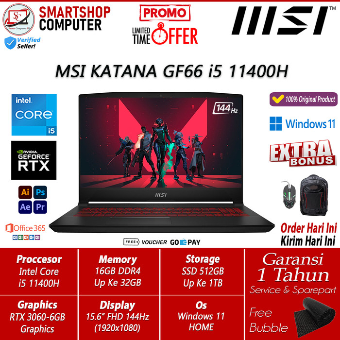 MSI KATANA GF66 i5 11400H RAM 16GB 1TB SSD RTX3050 4GB 15.6 FHD WIN 11 144Hz