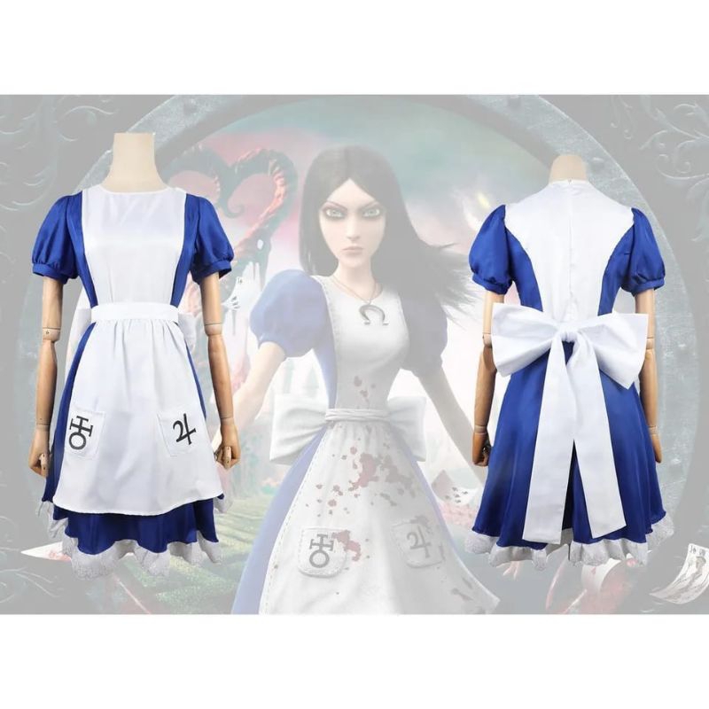 COSTUM COSPLAY PERMAINAN ALICE MADNESS RETURNS GAUN CELEMEK PELAYAN HOLLOWEN UNTUK WANITA GAUN KARNAVAL GADIA ANIME