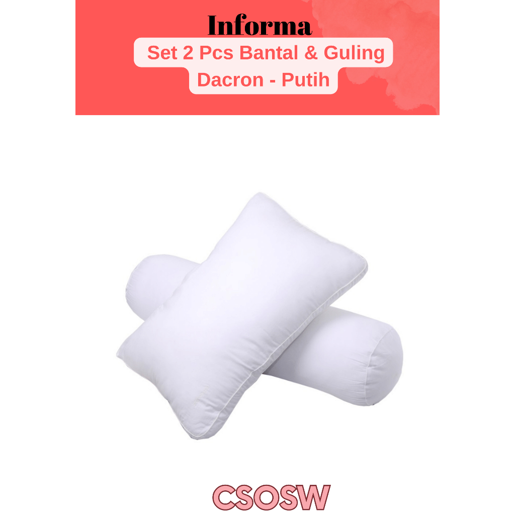 Informa Set 2 Pcs Bantal & Guling Dacron - Putih Set Pillow And Bolster Package Perlengkapan Kamar T