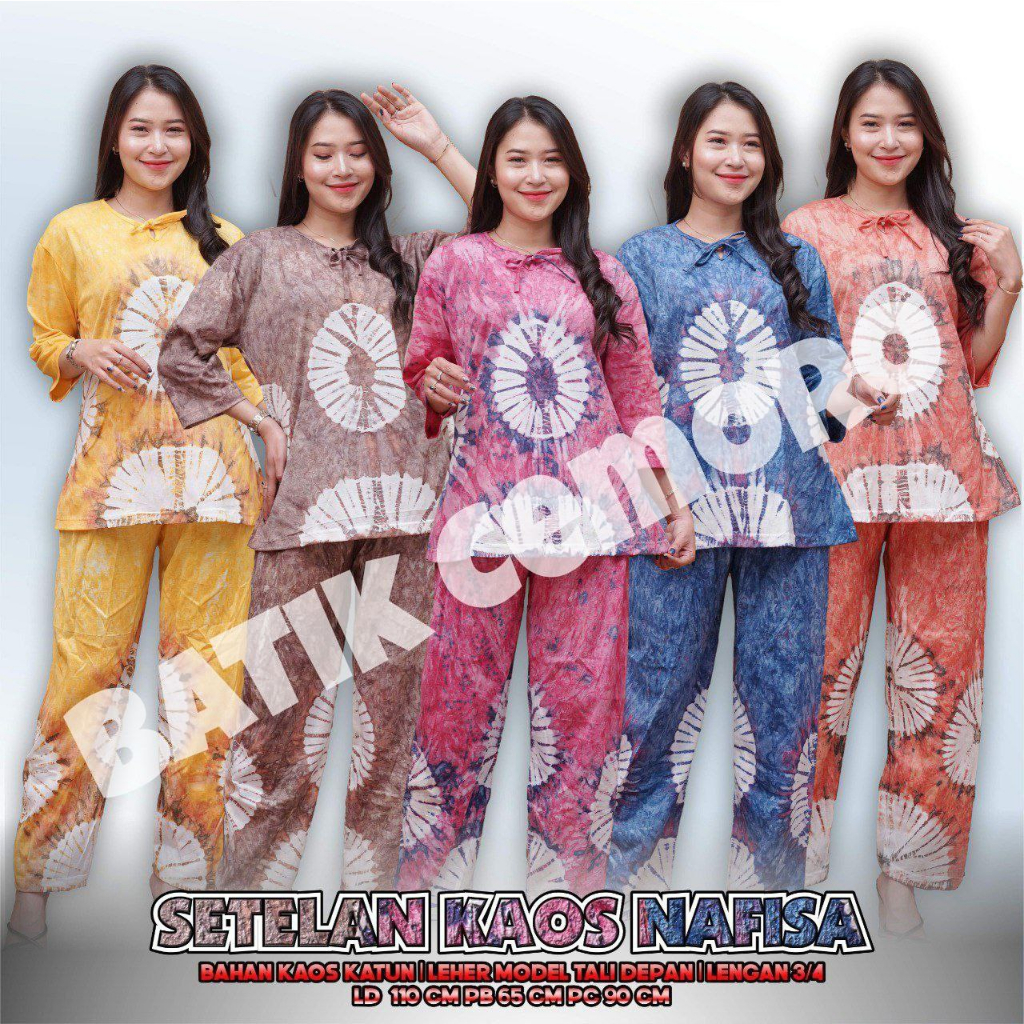 TERBARU One Set Wanita Kekinian Motif Tiedye Bali Setelan Kaos Jumbo Wanita Leher Tali Adem Nyaman D