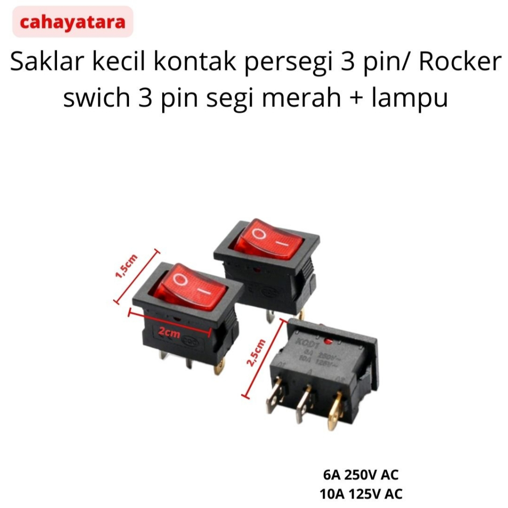 Saklar Kecil Kotak Persegi 3 Pin / Rocker switch 3 pin segi merah lampu ( +lampu )