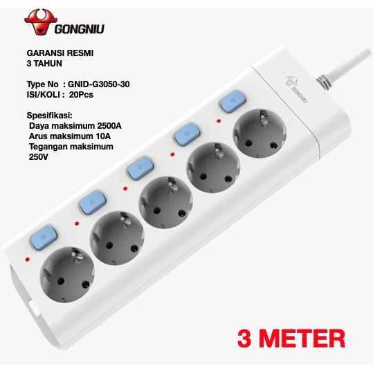 Stop Kontak Gongniu 5 Lubang GNID-G3050 5 Tombol On/Off ( Multi Switch ) 1.5M/3M/5M