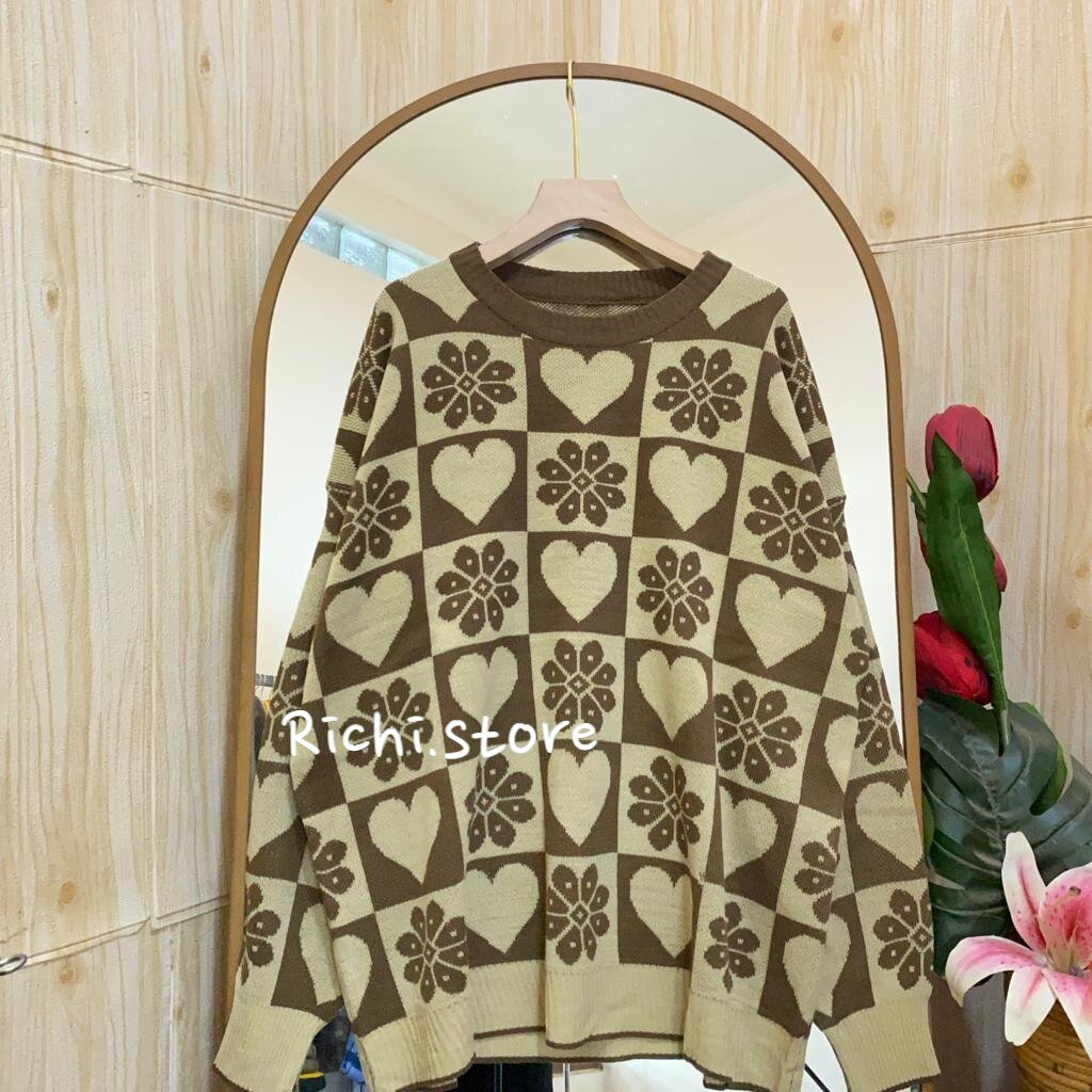 Gisela oversize sweater rajut wanita korean style motif love flower