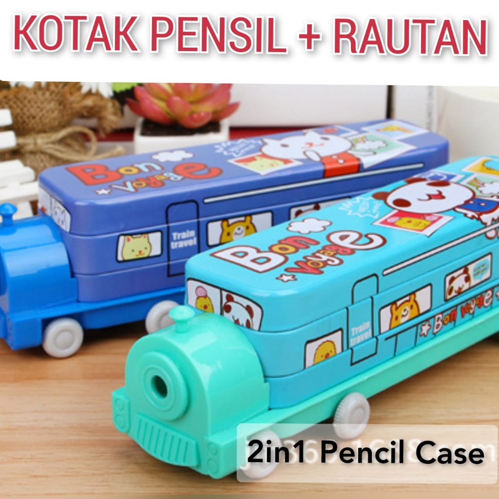 BELLINO - Tempat Pensil Kaleng Karakter Kereta Api Dengan Rautan Pensil 2in1 Tempat Pensil Anak Laki