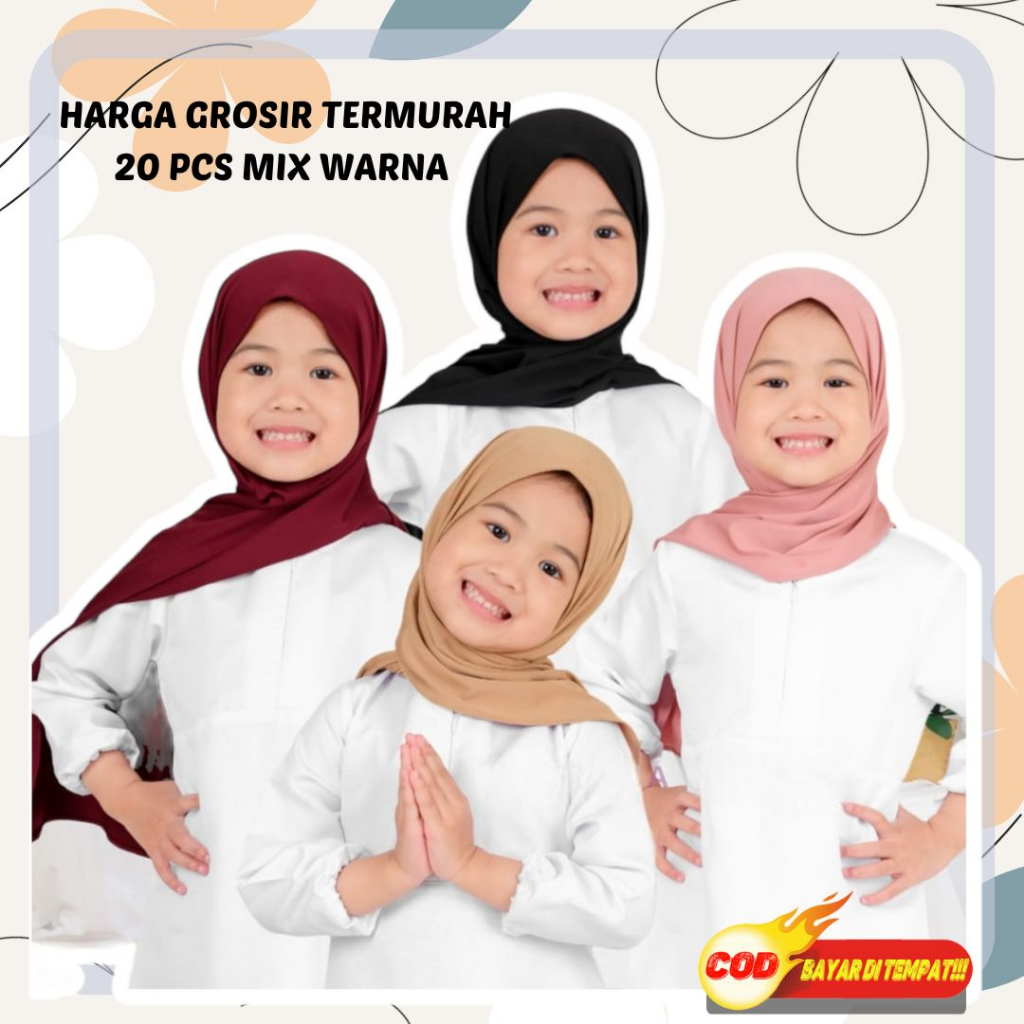Paket usaha Jilbab pashmina anak jersey 1-8 Tahun Kerudung instan 1 kodi/20 pcs mix warna