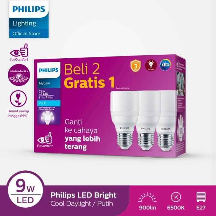 Lampu LED Philips LEDBRIGHT 9w 9 watt multipack Beli 2 gratis 1