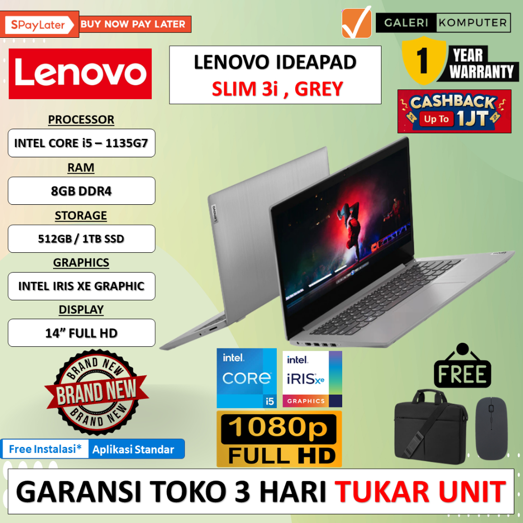 LAPTOP LENOVO IDEAPAD SLIM 3I 14 INTEL I5 1135G7 8GB 512GB IRIS XE 14.0 FHD WINDOWS 11 HOME ORIGINAL