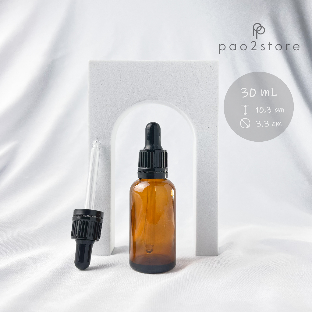 Botol Pipet 30mL Kaca AMBER / Coklat Tebal - Serum Oil Tetes Dropper - Ring Hitam Garis Segel Seal