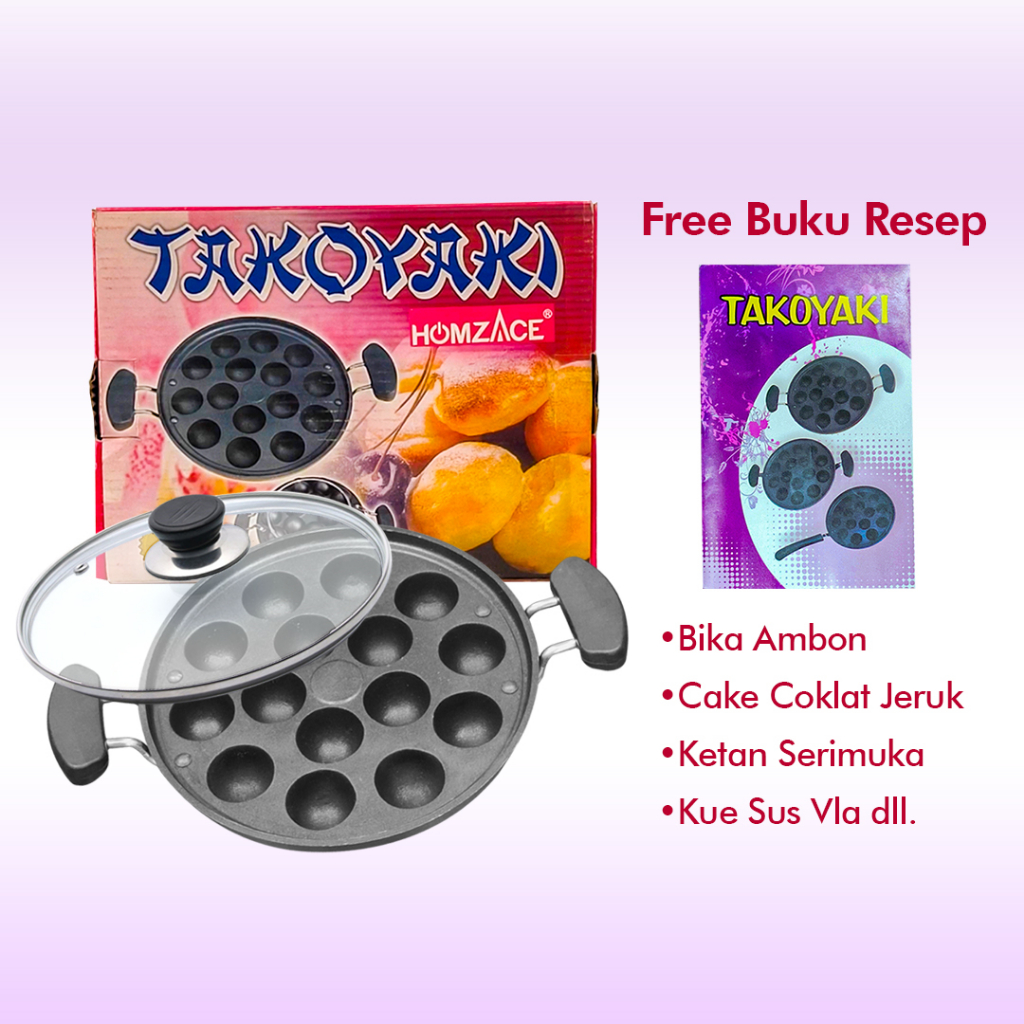 Cetakan Takoyaki 15 Lubang Anti Lengket + Tutup Kaca + Buku Resep Kualitas Premium Takoyaki pan cetakan kue takoyaki bahan cast iron cetskan kue cubit bergaransi premium