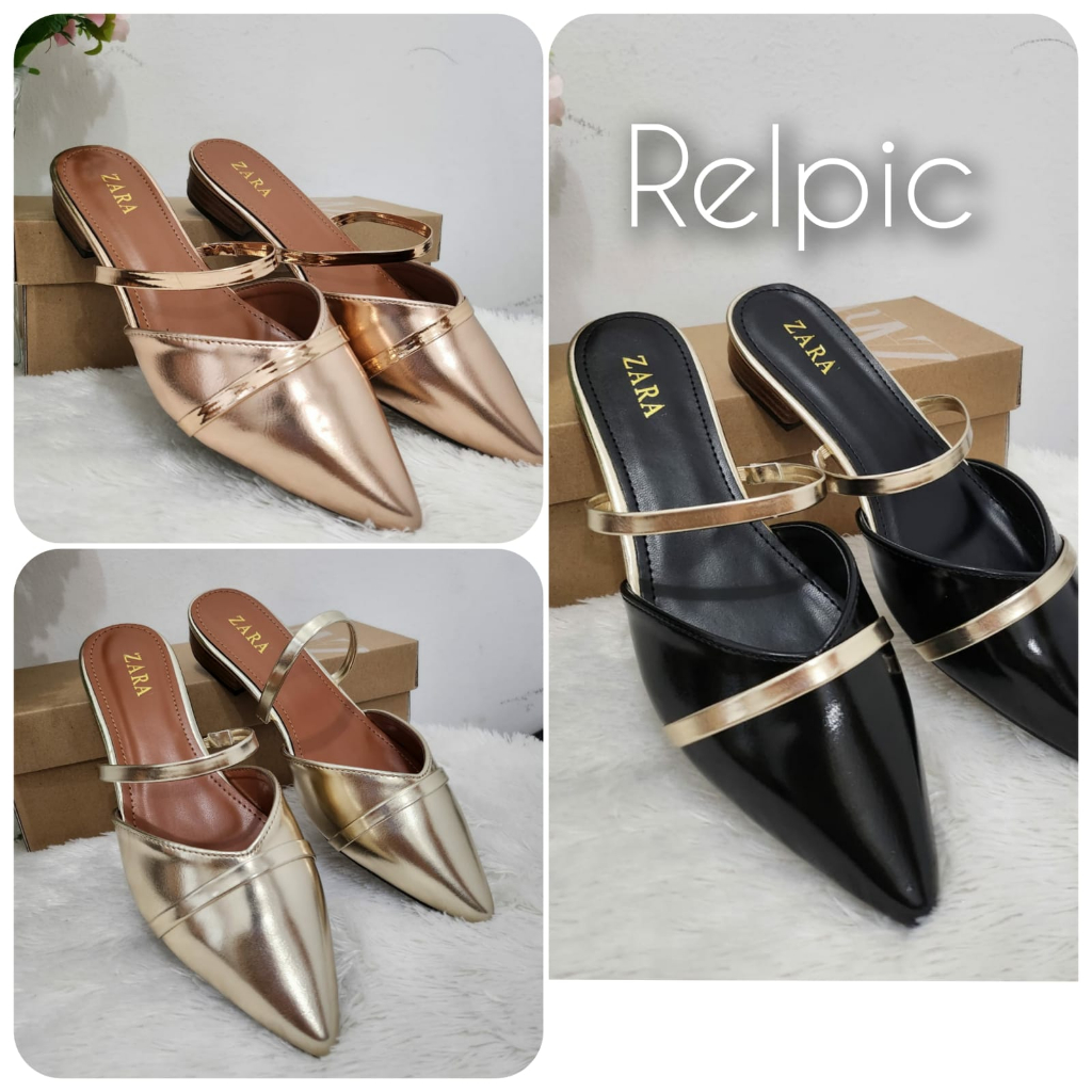 Sandal wanita mules lancip kulit glossy import kode 3888