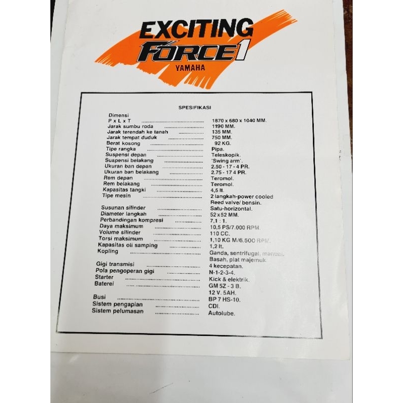 Brosur Spek Mesin Motor YAMAHA EXCITING FORCE 1 ORI