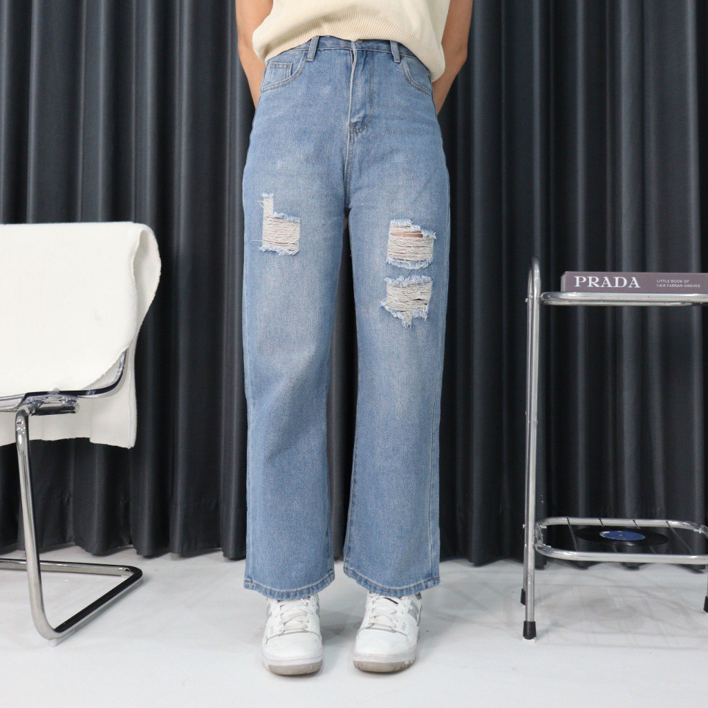 DEMORIN - Celana Jeans Wanita Loose Jeans Unfinished Highwaist Korean Style - X3226 QUINN