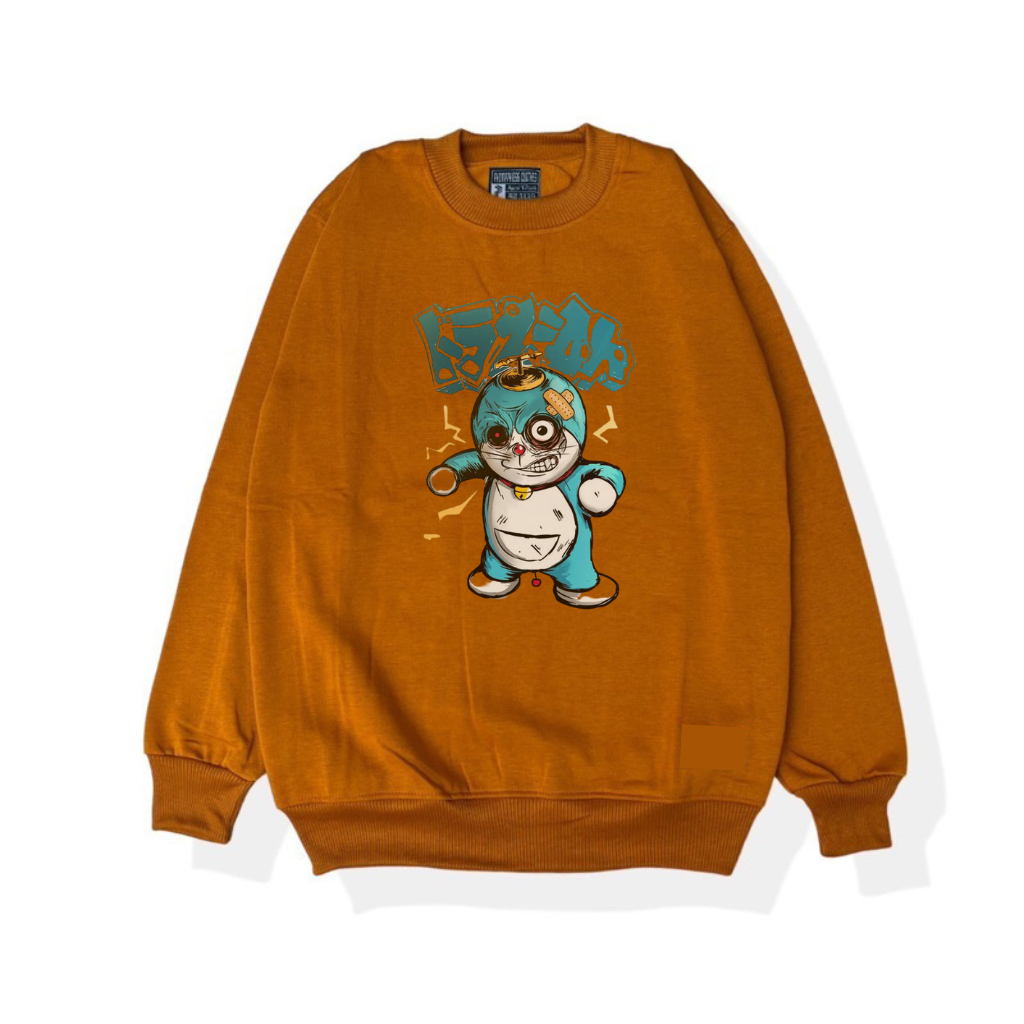 Sweater Doraemon Robot Coklatt | sweater crewneck Sablon hitam bahan flecee tebal | Crewneck Kualitas Distro