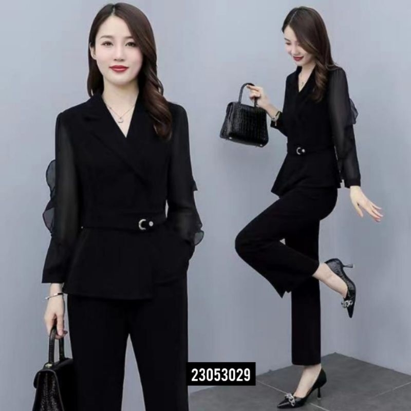 One Set Import Premium Setcel Stelan Hitam Navy Peplum (FCOI1060)