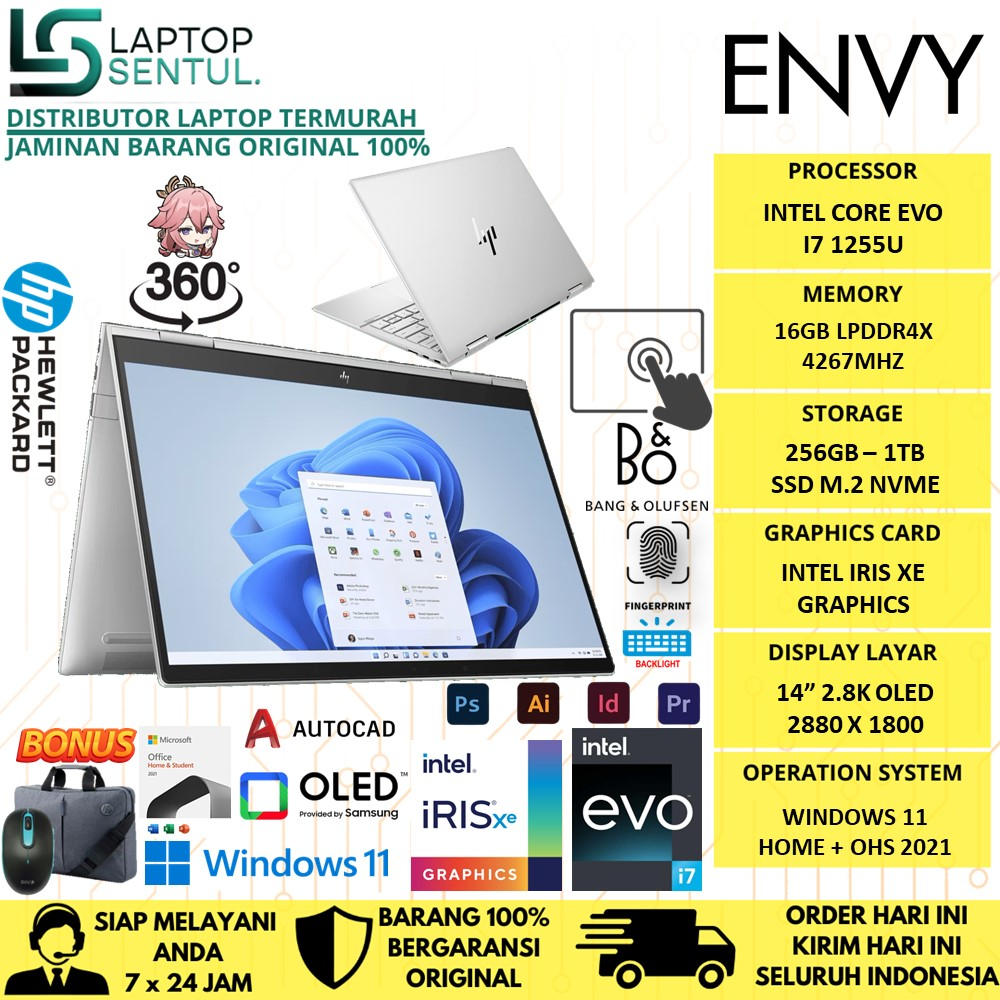 LAPTOP HP ENVY X360 2IN1 13 BF0107TU INTEL EVO I7 1250U RAM 16GB SSD 1TB IRIS XE 2.8K OLED TOUCH WINDOWS 11 HOME OHS ORIGINAL