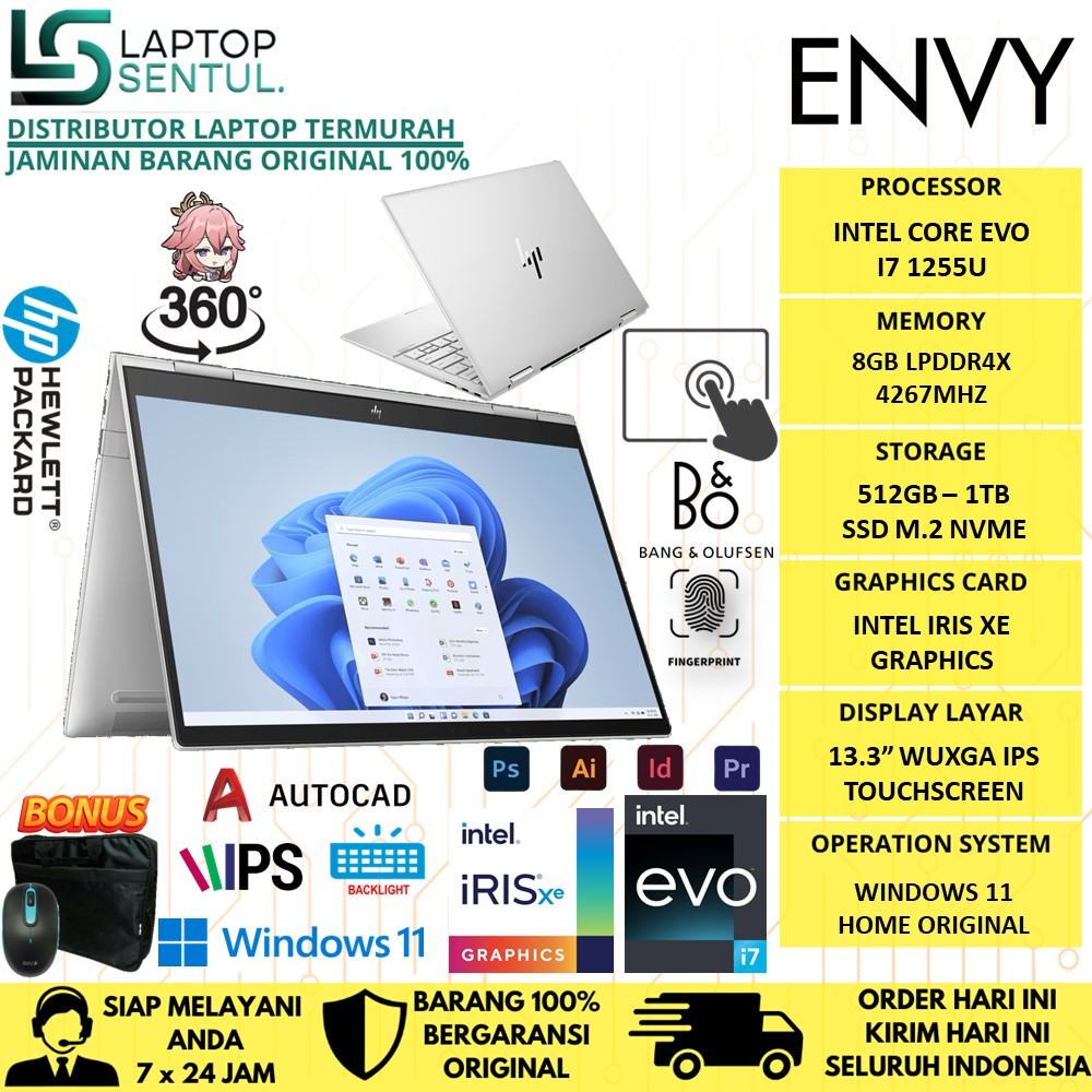 Laptop HP ENVY 13 X360 2in1 INTEL CORE i7 1250U RAM 8GB SSD 1TB WUXGA TOUCH WINDOWS 11 ORIGINAL