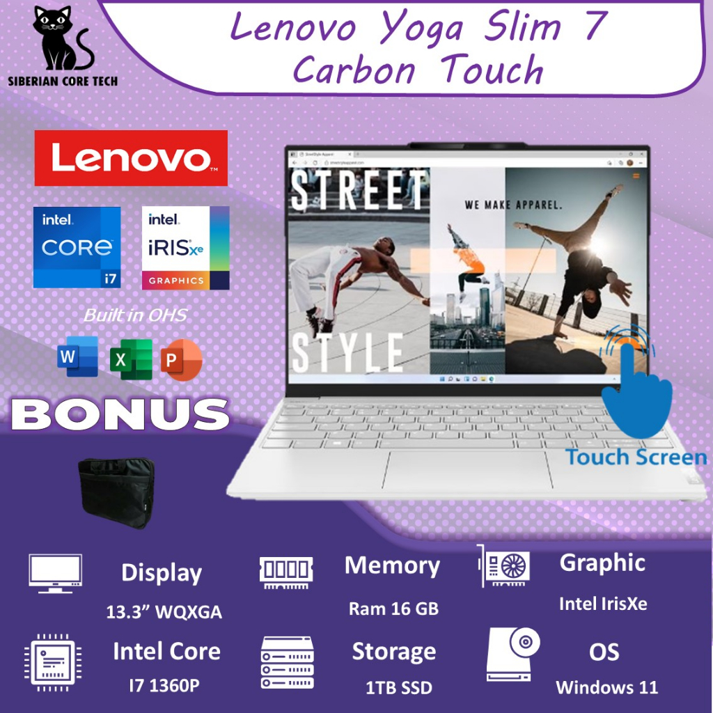 LENOVO YOGA SLIM 7 CARBON TOUCH I7 1360P 16GB 1TBSSD W11+OHS 13.3WQXGA 3YR PREM+2ADP WHT -2RID