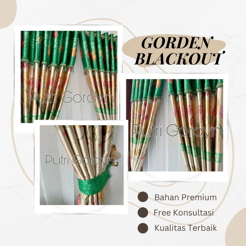 Gorden murah Blackout Poni lurus printing emas Tulip hijau