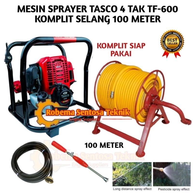 POWER SPRAYER PORTABLE TASCO 4 TAK KOMPLIT SELANG 100 METER DAN GULUNGAN