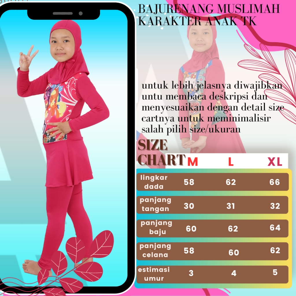 A2R Sport - Muslim Karakter TK Baju Renang Anak Perempuan (umur 3th - 6th)