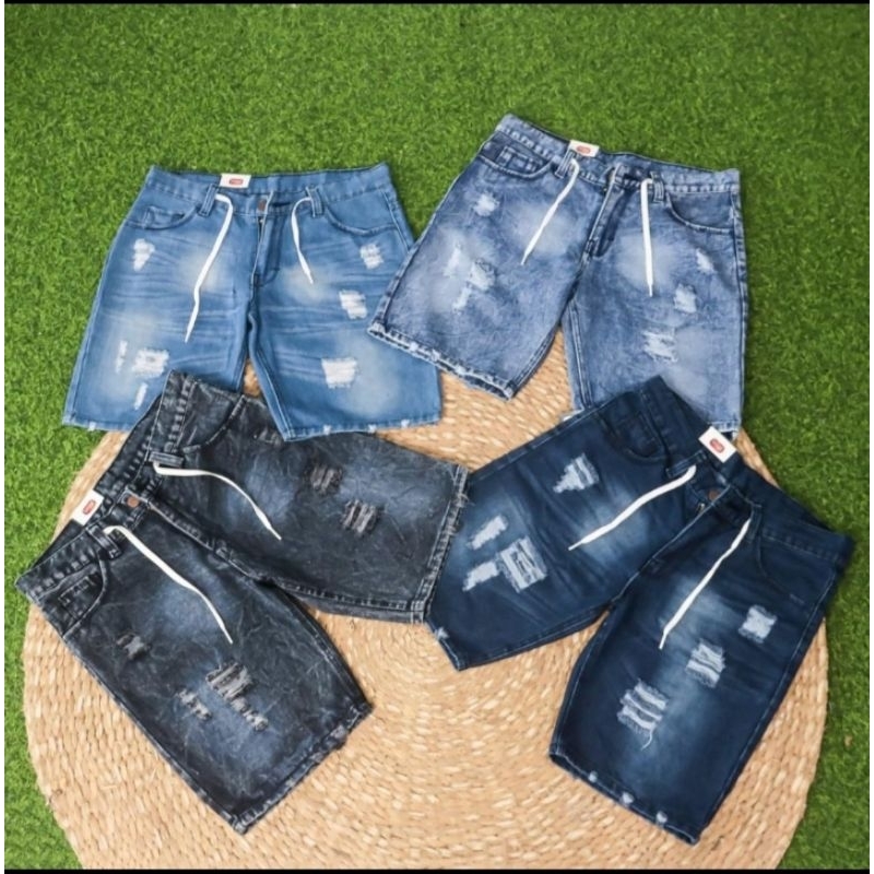 celana pendek jeans sobek pria~non street