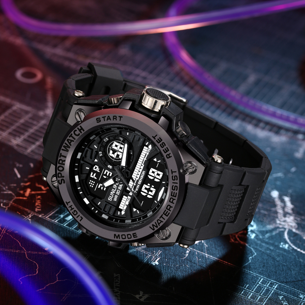 Sunlifex Jam Tangan Pria Digital&Analog Olahraga Multifungsi Tali Silikon Jam Tangan Cowok D003-1