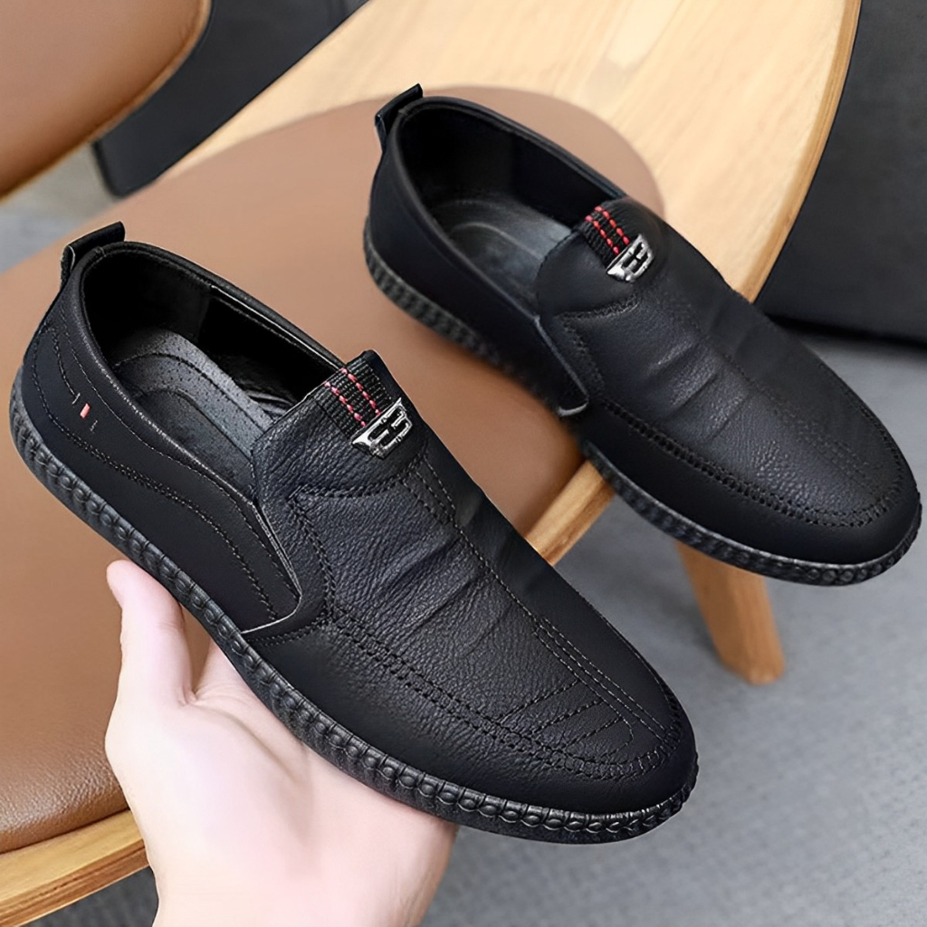 Highland Sepatu Slip On Pria Casual Hitam Sepatu Formal Kulit Sepatu Pantofel Pria Kerja Kantoran Sepatu Slop Cowok Modern MC446