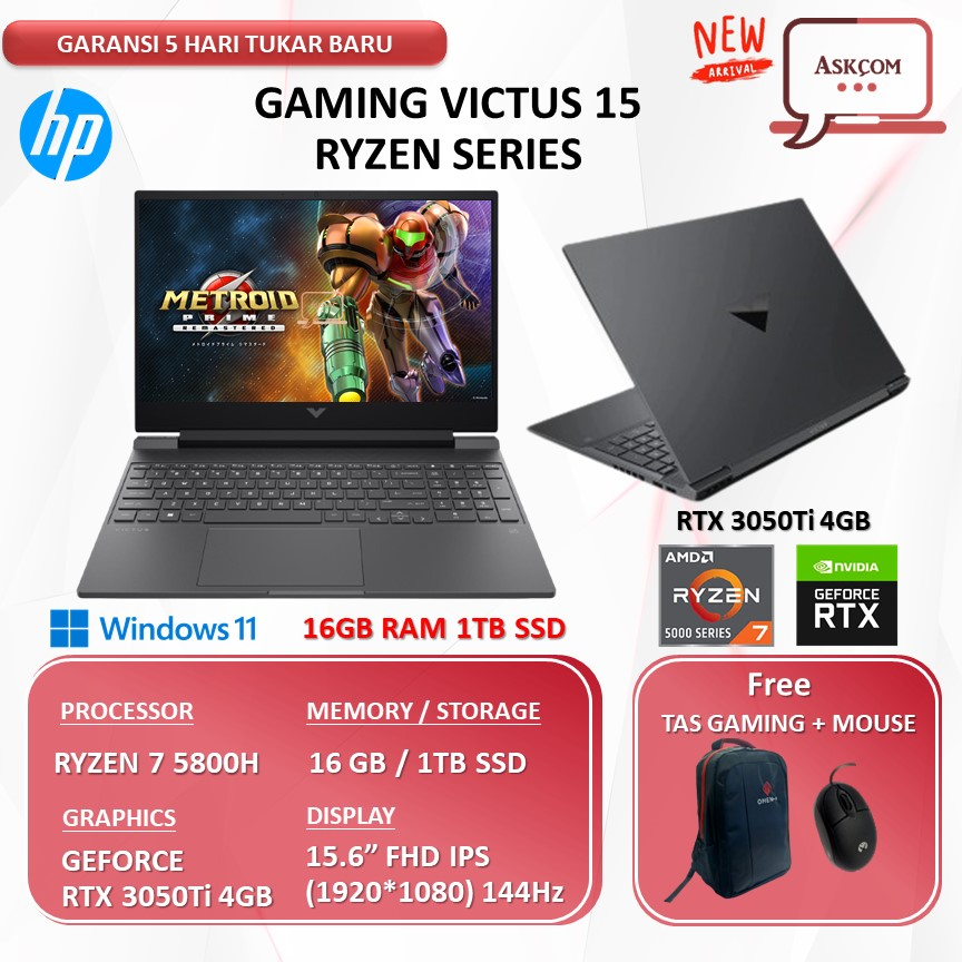 Laptop Gaming HP Victus 15 RTX3050Ti 4GB RYZEN 7 5800H RAM 16GB 1TB SSD W11 15.6FHD 144Hz