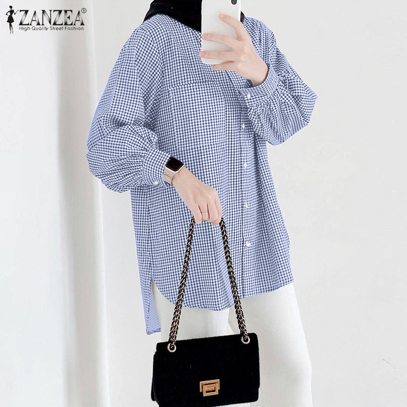 ZANZEA Women Muslim Casual Long Sleeve Button Up Check Formal Lapel Blouse