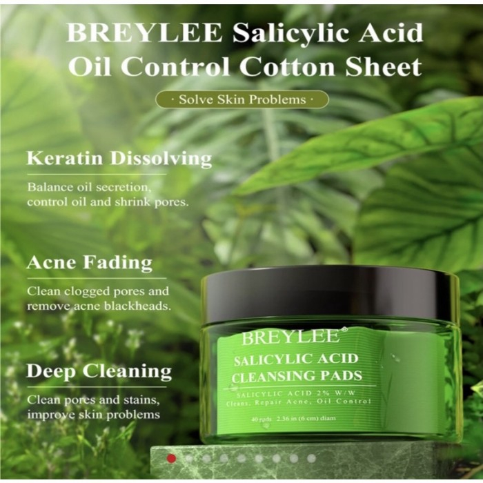 BREYLEE Tea Tree Salicylic Acid Cleaning Pads - Cleanser Pad Breylee Menghilangkan Jerawat &amp; Membersihkan Pori Wajah (40 Pads)