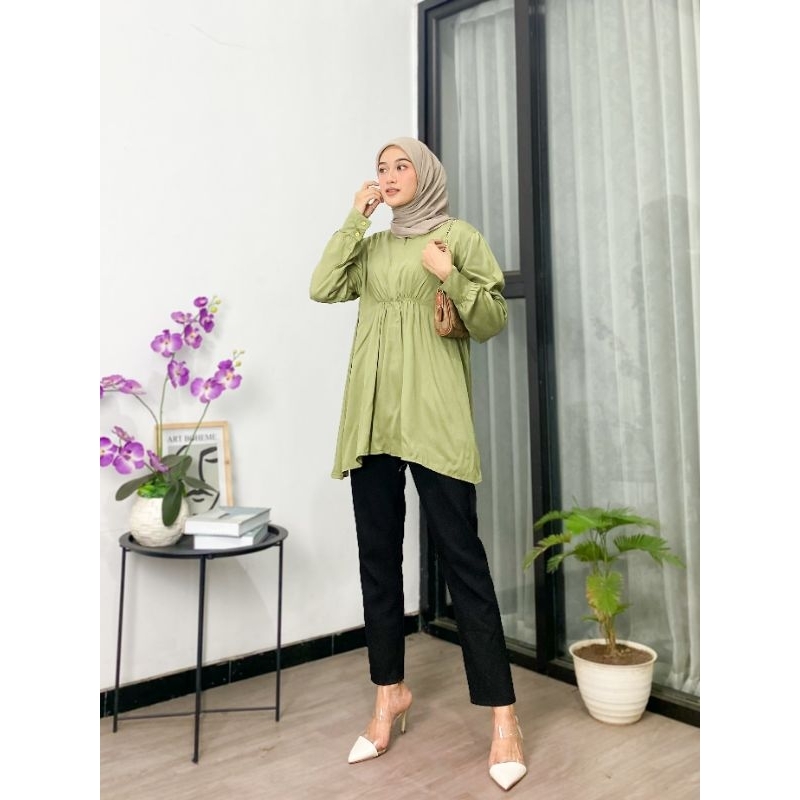 Tunik atasan wanita kerut depan rayon twill