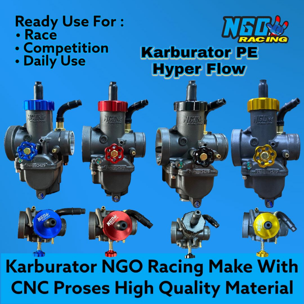 NGO Original Karburator Pe 24 Pe26 Pe 28 - Karbu Tutup CNC Hitam Gold Biru Merah