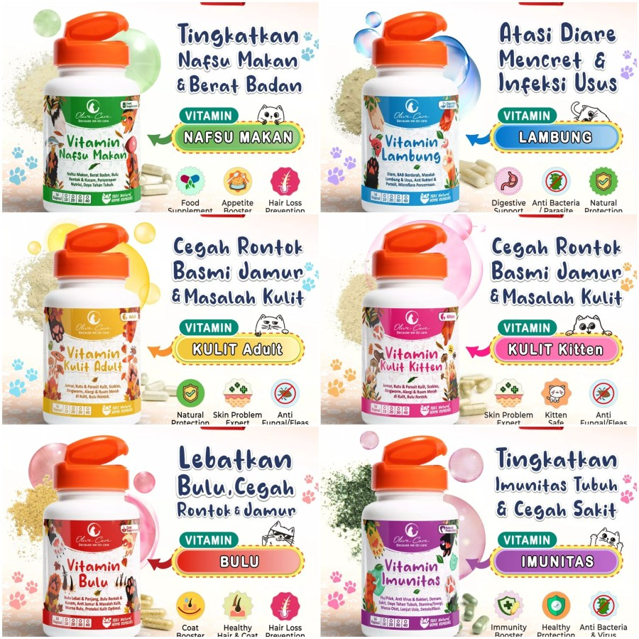 OLIVE CARE All Varian Ecer 1 Kapsul Vitamin Kucing Imunitas Pencernaan Lambung Kulit Kitten Adult Jamur Bulu Nafsu Makan Hamil Menyusui