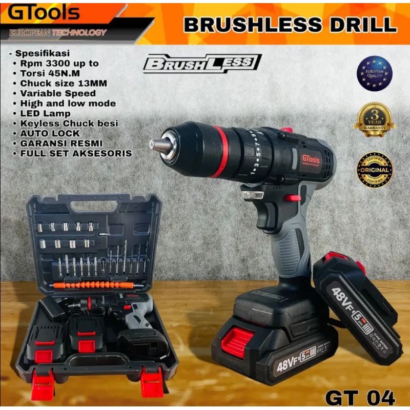 Mesin bor baterai GTOOLS EROPA GT04 48v 13mm brushless impact drill full set mesin bor beton besi ka