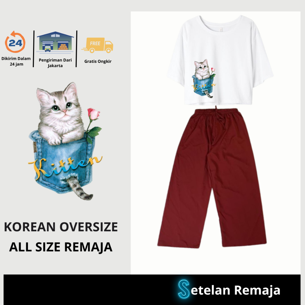 JBF One Set Wanita Remaja Baju Setelan Celana Kulot Little Cat Pocket