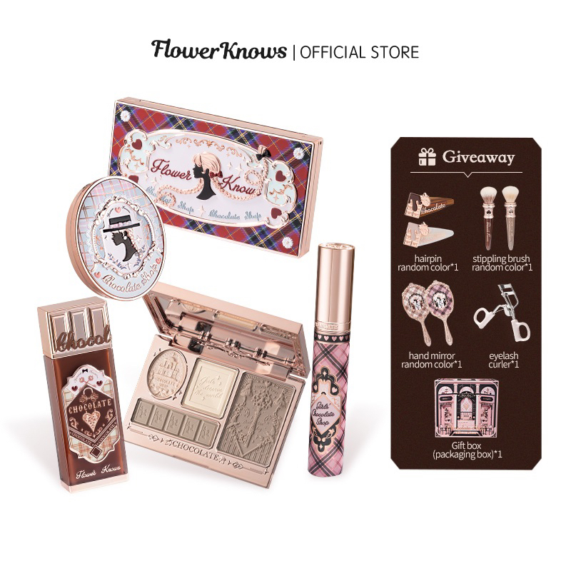 Flower Knows Chocolate Wonder Shop Series Makeup Set Lip Cream / Highlighter & Contour / Mascara Gif