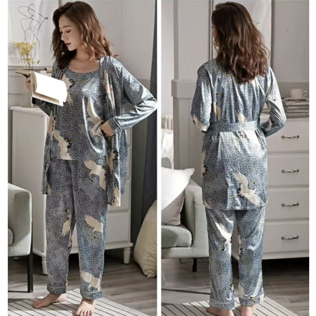 baju tidur kimono bahan satin silk import 3in1