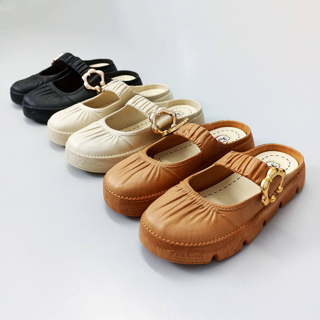 Sepatu Sandal Slop Wanita Tali Kerut Gesper Bunga Fashion Style Korea Kasual Satu7an SPT-63