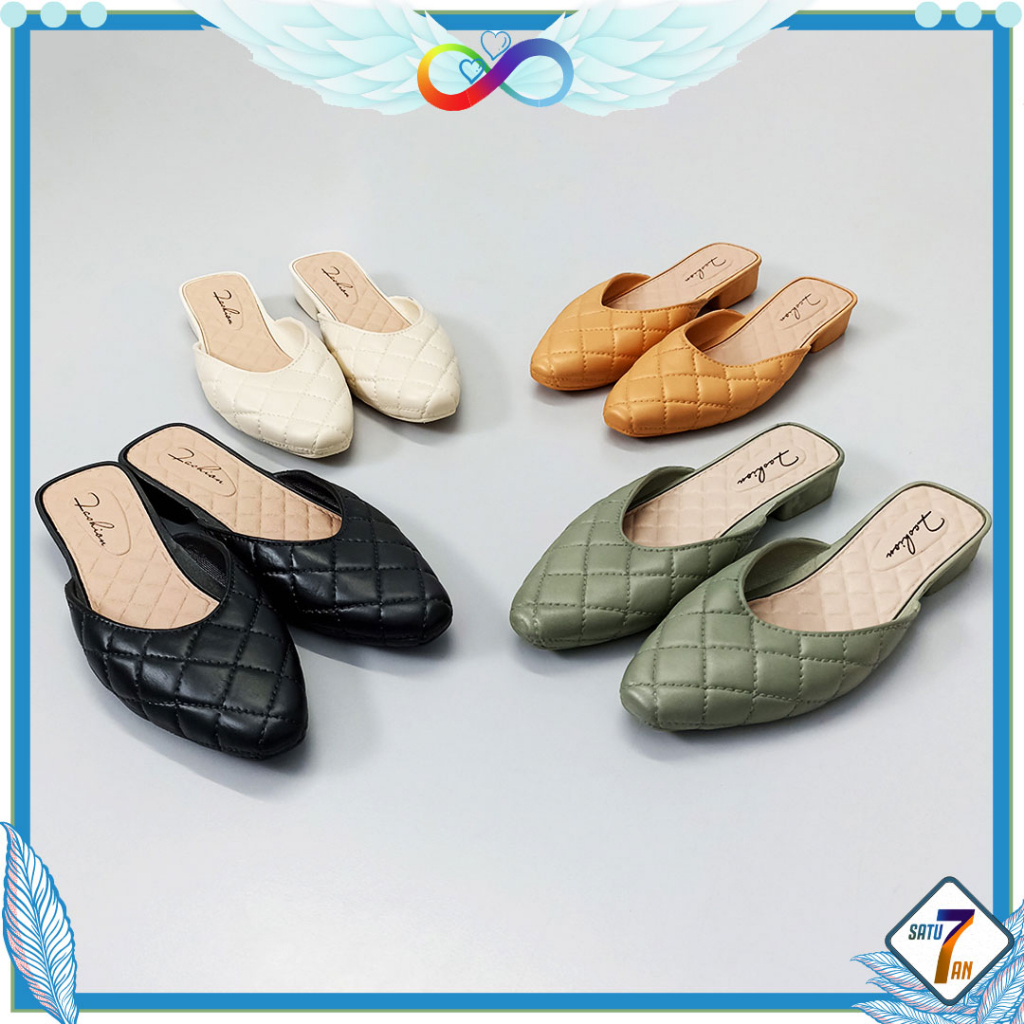 Sepatu Sandal Slop Wanita Motif Garis Kotak Style Korea Kasual Flat Shoes Women Satu7an SPT-65