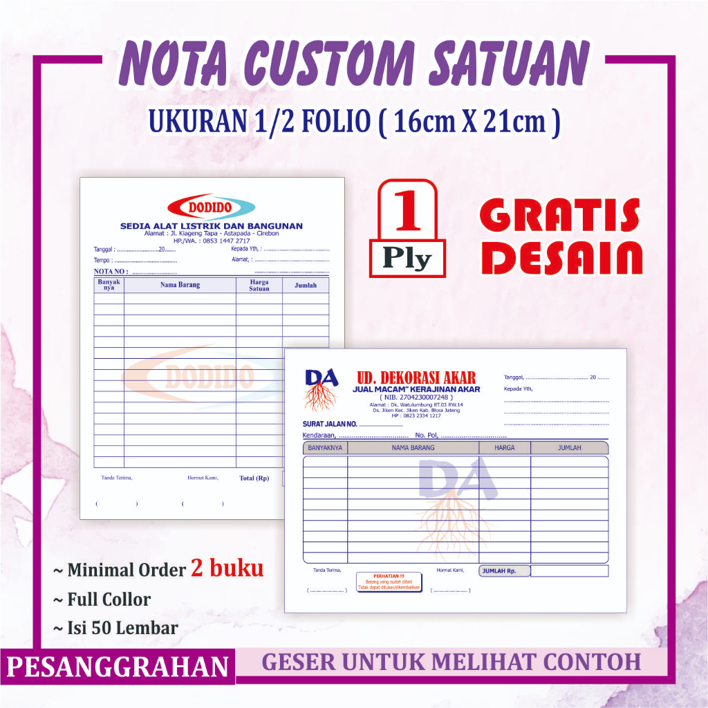 

Cetak Ukuran 1/2 Folio 1 ply HVS isi 50 lembar Nota custom faktur Pesanggrahan Offset