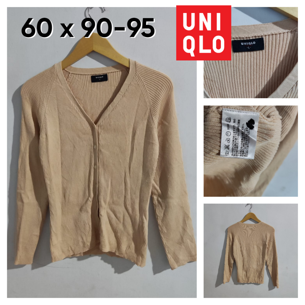 Cardigan UNIQLO Orange Pastel V Neck Model Slim Lidi Tebal Size M Sweater Atasan Cardi Outer Cewek