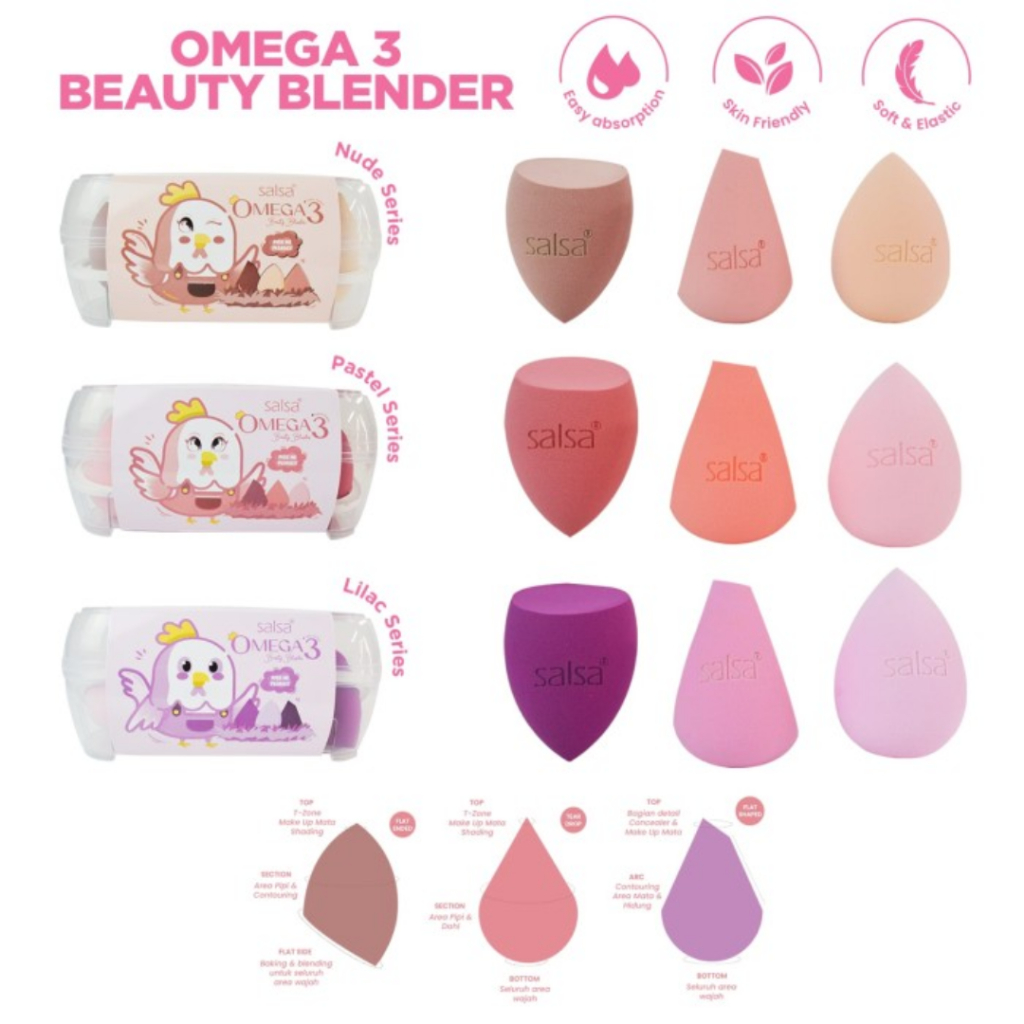 SALSA OMEGA 3 BEAUTY BLENDER ( 1 KOTAK 3 PCS ) RANDOM COLOR