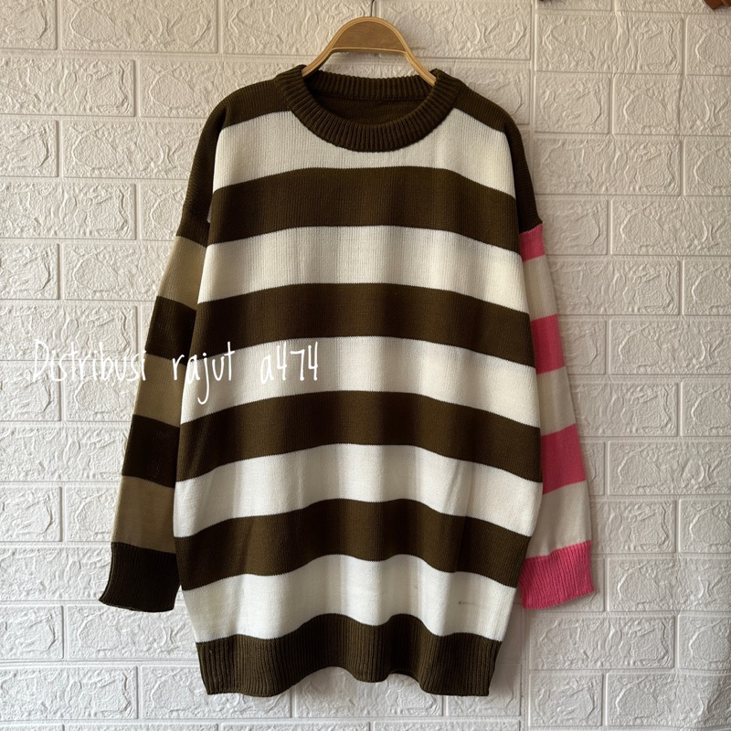 INUN SWEATER RAJUT OVERSIZE MOTIF STRIPPE BLASTER WANITA LENGAN PANJANG