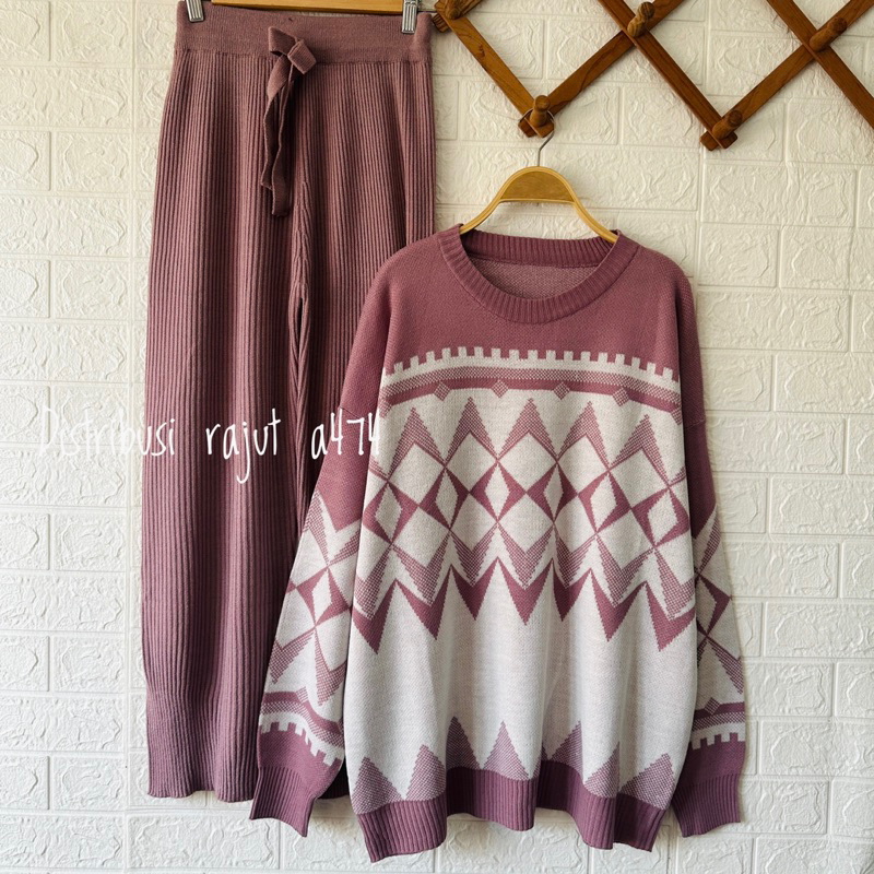 ONESET SWEATER RAJUT YUNA SETELAN CELANA KULOT RAJUT WANITA