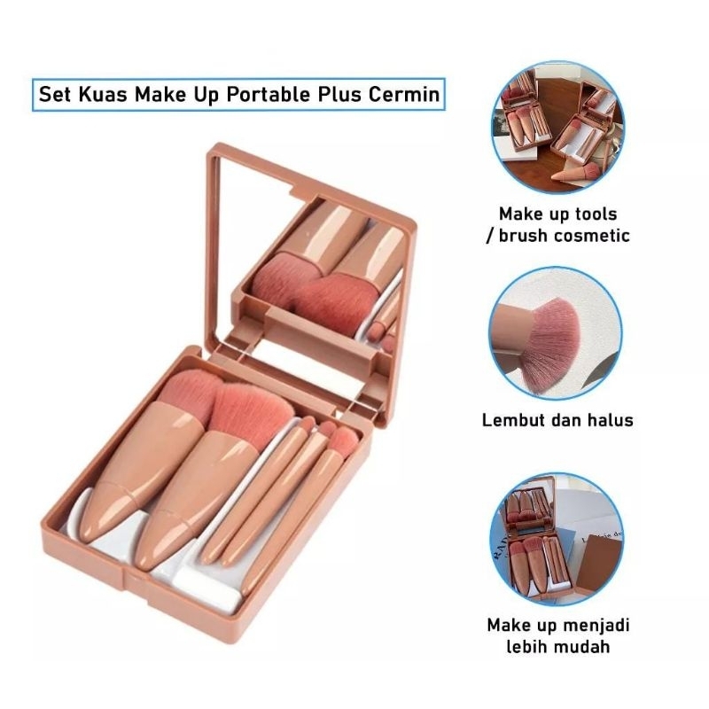 Medan Termurah Set 6in1 Brush makeup Cermin Kuas makeup portable plus cermin cakep