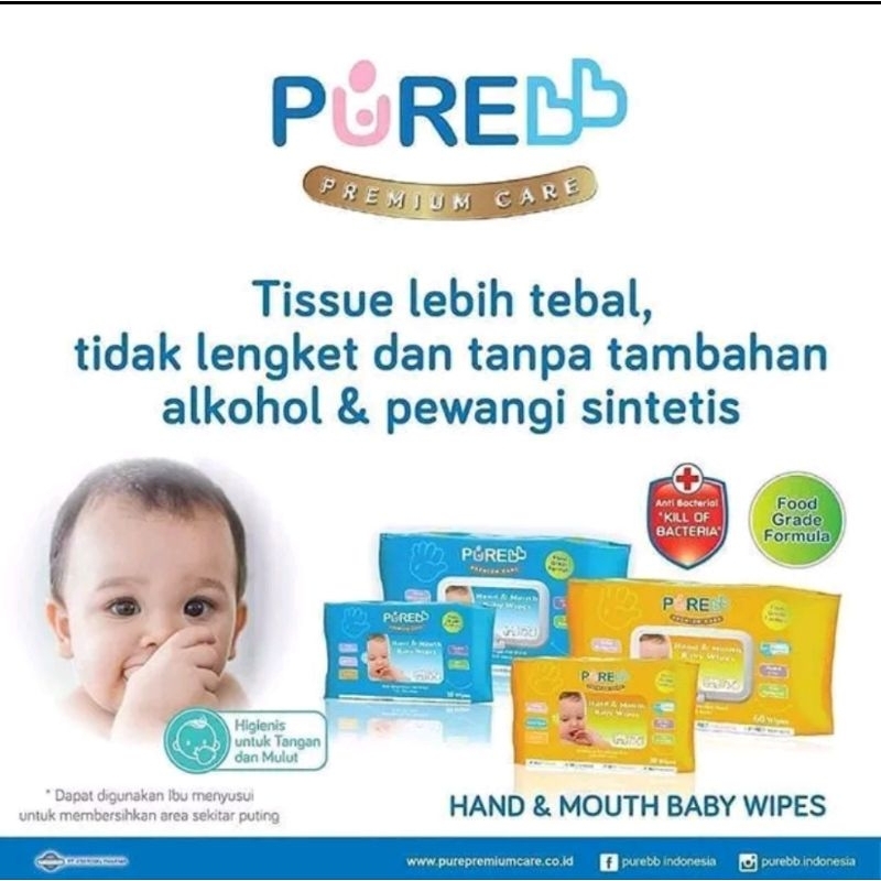 PureBB Hand &amp; Mouth Baby Wet Tissue Basah Alcohol Free isi 60 Sheets - Pure bb