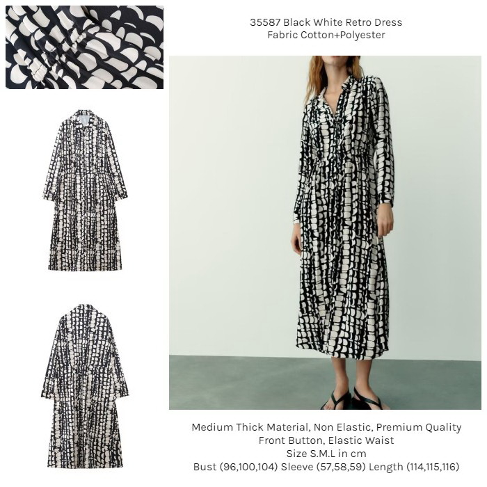 35587 Dress Hitam Putih Dress Maxi Black White Retro Dress