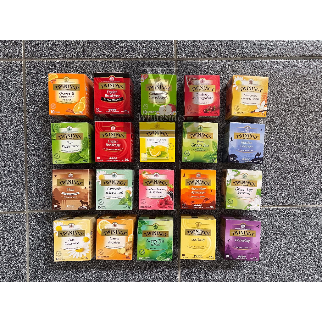 

10 Tea Bags Teh Twinnings Twinings Australian Afternoon Pure Camomile Spearmint Spiced Apple Honey Vanilla Cranberry & Pomegranate Darjeeling English Breakfast Extra Strong Earl Grey Pure Greentea Jasmine Mint Lemon Twist Ginger Orange Cinnamon Peppermint